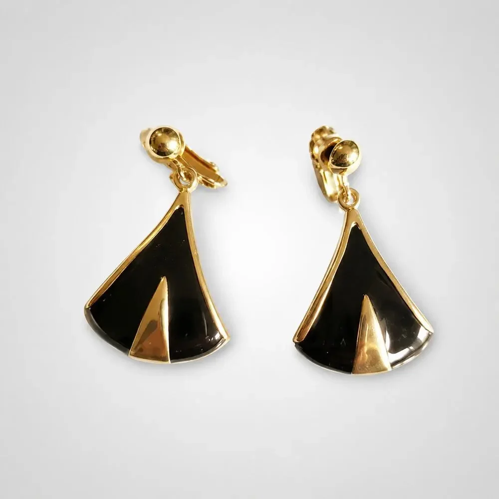Vintage Dangle Clip on Earrings Gold‎ & Black Enameled 1.5